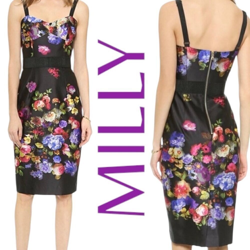 NWT MILLY Black Floral Print Strappy Bustier Sheath Square Neck Cocktail Dress,